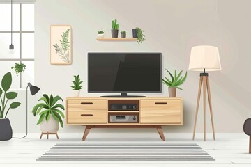 Modern Living Room Interior with TV Cabinet, Lamp, Table, and Plants, Mockup Illustration