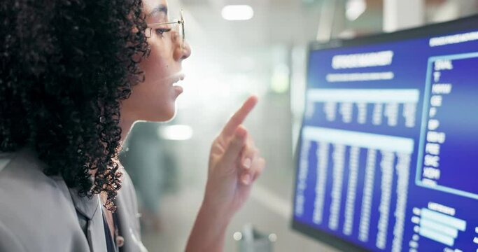 Corporate, business woman and computer stats with stock market research for investment work at company. Job analytics, reading charts and tech with thinking at office desk with world finance report