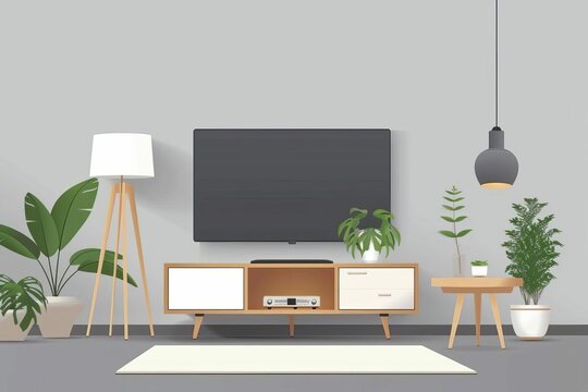 Modern Living Room Interior with TV Cabinet, Lamp, Table, and Plants, Mockup Illustration