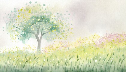 草原に一本の木、水彩風イラスト背景 - obrazy, fototapety, plakaty