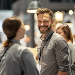 lively trade show scene, Professionals chat and laugh, with one man in his thirties smiling, surrounded by colleagues with lanyards, against a backdrop of display lights. - obrazy, fototapety, plakaty