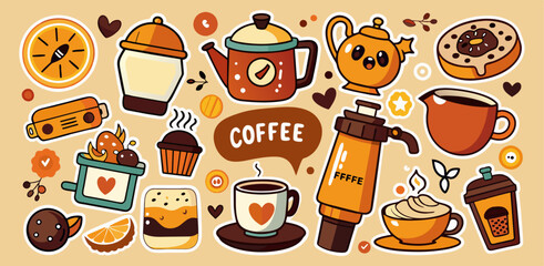 Coffee Time Stickers Collection Set vector Vector illustration, Set of Coffee sticker, Coffee Time Stickers, A Mug Of Coffee Illustration
