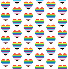 Vector seamless pattern of flat new lgbtq flag heart isolated on white background