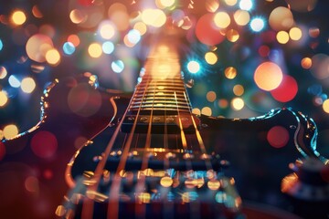 Music holiday composition with close up electronic guitar on blurred concert background with bokeh...