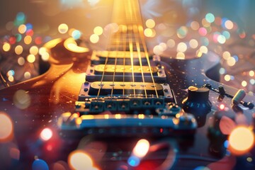 Music holiday composition with close up electronic guitar on blurred concert background with bokeh...