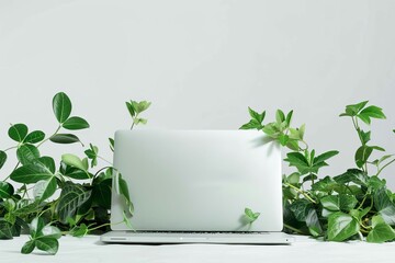 Laptop Mockup with Green Leaves on White Background, Natural Technology Concept