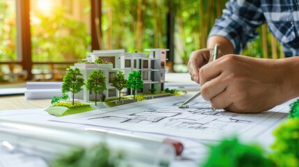 Fototapeta premium Professional engineer and architect collaborate on eco house project at meeting table with green design blueprint and architectural equipment at modern office.