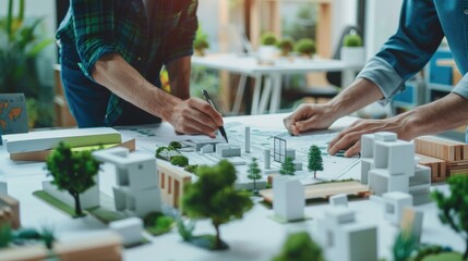 Fototapeta premium Professional engineer and architect collaborate on eco house project at meeting table with green design blueprint and architectural equipment at modern office.