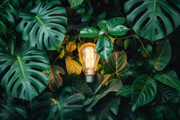 Eco-friendly light bulb with lush green plants, sustainable energy concept - obrazy, fototapety, plakaty