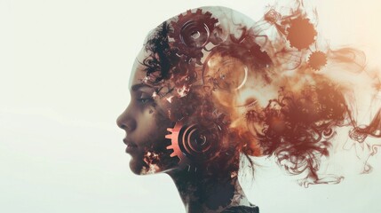 Side view of beautiful young woman with double exposure of gear brain. Concept of artificial intelligence and brainstorming.