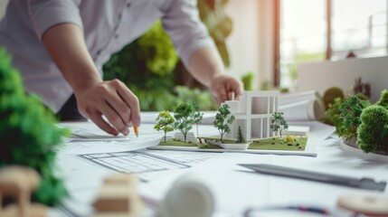 Professional engineer and architect collaborate on eco house project at meeting table with green design blueprint and architectural equipment at modern office. - obrazy, fototapety, plakaty