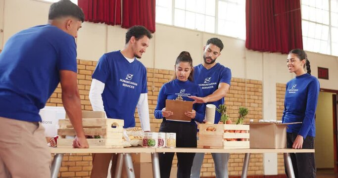 Food, volunteer and aid with people to help, donations or outreach society and preparing package. Community service, giving in collaboration and humanitarian aid or charity, ngo project and teamwork