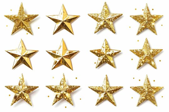 Conjunto de 12 estrellas doradas brillantes aisladas sobre fondo blanco, elementos decorativos