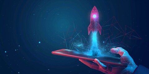 digital close-up of a human hand holding tablet with abstract rocket. First-person view of a spaceship which takes off on dark blue background. Low poly wireframe vector illustration with 3D effect - obrazy, fototapety, plakaty