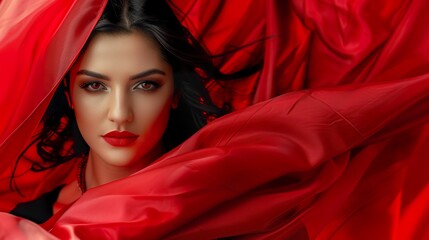 A portrait of a beautiful Albanian woman highlighted by the vibrant colors of the Albanian flag. Albanian woman of natural beauty in feeling of national pride. - obrazy, fototapety, plakaty