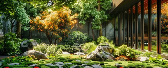 Lush Green Garden with Water Features, Offering a Tranquil Escape within an Urban Park Setting