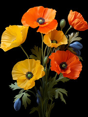vibrant california poppies with black background