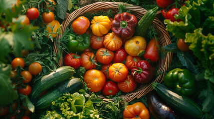 Rustic table overflows with fresh harvest. Farm-to-table, seasonal vegetables.