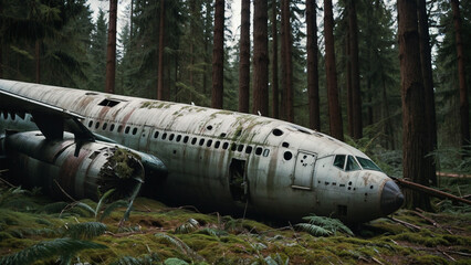 An old plane sits in the middle of a forest, surrounded by trees and covered in moss