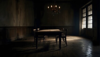 Fototapeta na wymiar A shadowy, abandoned dining table under the cloak of midnight, an ominous silence filling the room Generative AI