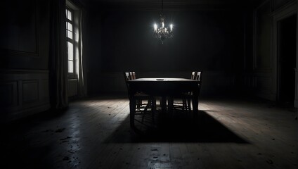 A shadowy, abandoned dining table under the cloak of midnight, an ominous silence filling the room Generative AI