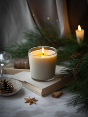 Catalog Photography, closeup photo of a candle in narrow concrete glass, standing on a concrete oval wick
