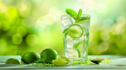 A Mojito, untamed and inviting, with lime zest overtaking a clear glass, a whisper of nightlife ambiance - obrazy, fototapety, plakaty