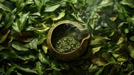 A mesmerizing array of green, juicy yerba mate leaves encircling a traditional steaming calabash gourd, in perfect harmony