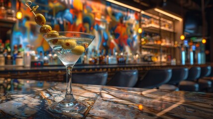 An elegant yet unkempt martini, olives skewered, in a chilled glass against a modern bar backdrop - obrazy, fototapety, plakaty