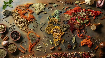 World Map of Spices and Seasonings on Rustic Cooking Background