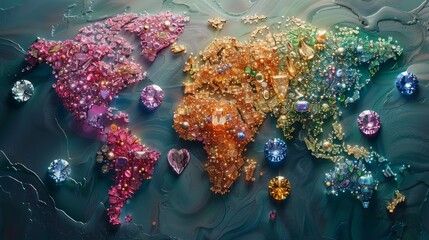 Luxurious Jewel-Toned World Map with Gemstone Embellishments