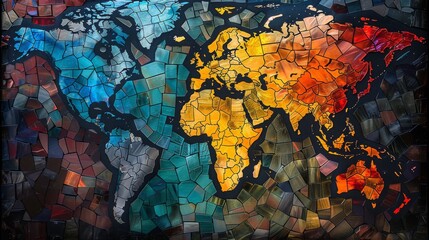 Stained Glass Style World Map with Colorful Mosaic Pieces
