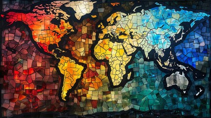 Stained Glass World Map with Vibrant Colors on Dark Background Mosaic Art

