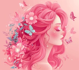 Obraz na płótnie Canvas Artistic portrait of a beautiful girl in pink colors with flowers and butterflies in her hair. romantic, portrait, beautiful girl, flowers, hair, pink, spring, femininity, artistic, illustration, draw
