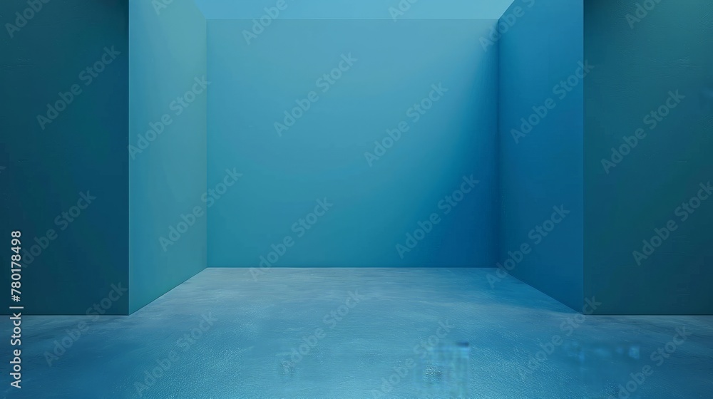 Poster blue empty studio room for product placement or as a design template with wall angle in a full frame