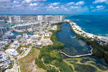 Aerial view of Puerto Cancun, Mexico - obrazy, fototapety, plakaty