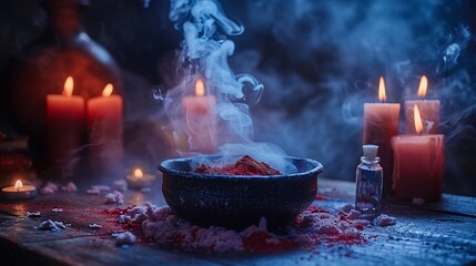 The dark background is lit by candles, there is an old bowl with red liquid and smoke coming out from it on the table in front of you - obrazy, fototapety, plakaty