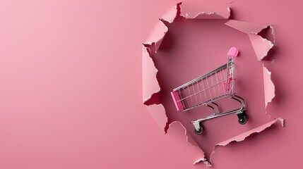 Top view of a paper torn hole with a shopping cart inside on a pink background, in a banner format with a copy space area for advertising a black friday sale or special offer concept.