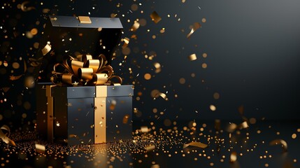 Black Friday sale template with an open gift box, golden decoration Black isolated background for advertising or web design. - obrazy, fototapety, plakaty