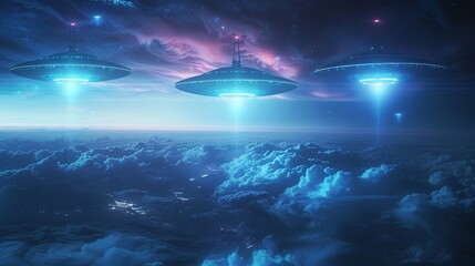 A dramatic sky with three UFOs shining blue lights above the clouds, creating an epic and mysterious scene. The background is dark stunning, hyper realistic