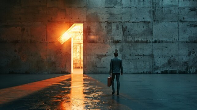 A man with briefcase walking towards bright light shining through the dark concrete wall in shape of number Conceptual business illustration for success and victory theme