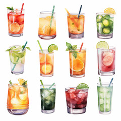 Seamless pattern of drinks sketches ink watercolor