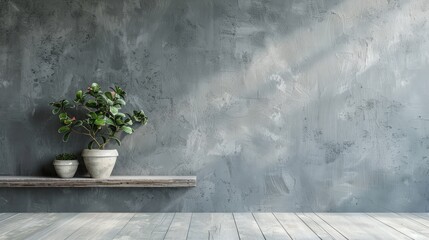 Empty Gray Wall Room interiors Studio Concrete Backdrop and Floor cement Shelf, well editing montage display products and text