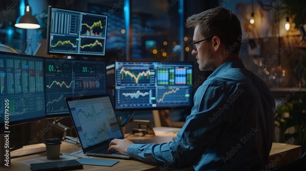 Poster financial analyst using laptop computer, standing next to multi-monitor workstation with real-time s