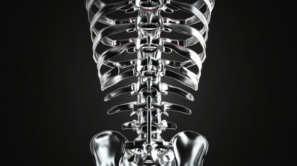 3d render of human spine, made from chrome material on black background