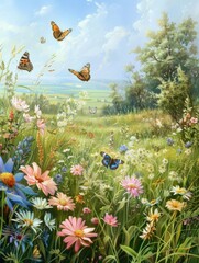 Serene Flower Field with Butterflies under Sky - A calm, sunny field rich with diverse flowers and playful butterflies under a clear sky