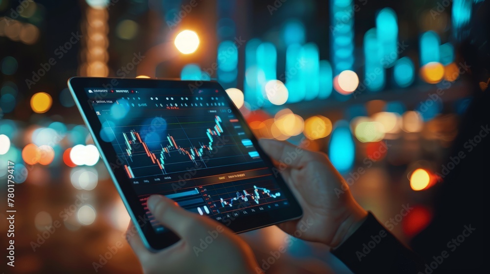 Poster hand holding digital tablet display stock market data with graph and chart for analyze and check bef