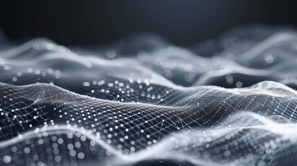 Gray and white abstract background with flowing particles.