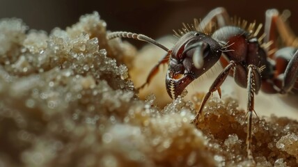 Close-up of ant on a sugar pile - A macro shot capturing the intricate details of an ant climbing over crystallized sugar granules, showcasing nature's tiny wonders