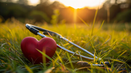 Stethoscope and red heart in grass during sunset - A medical stethoscope wrapped around a bright red heart lying in green grass, backlit by a warm sunset glow